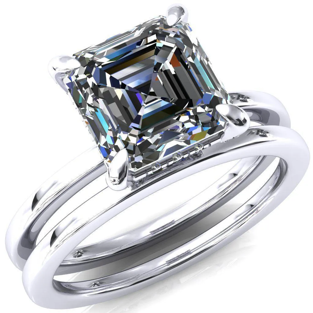Rosy Asscher Moissanite 4 Claw Prong Single Rail Micropave Engagement Ring