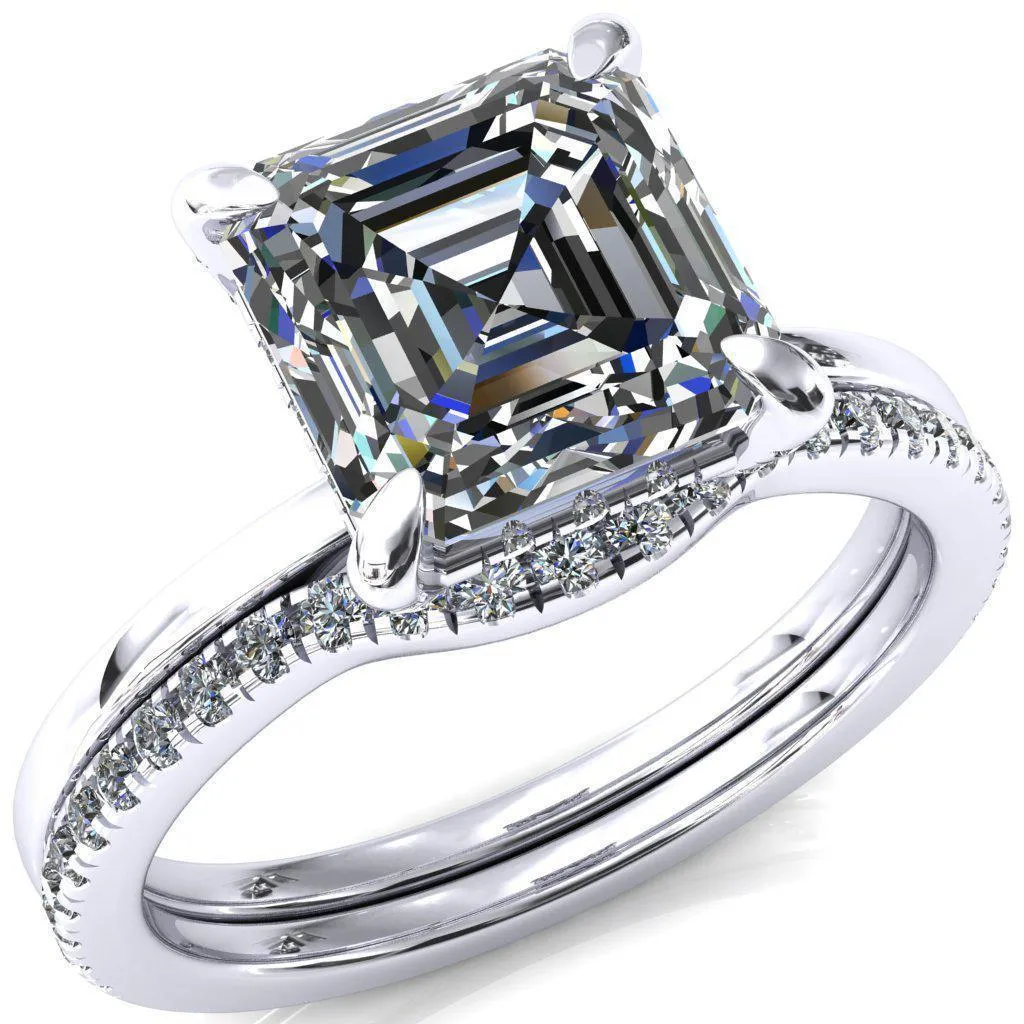Rosy Asscher Moissanite 4 Claw Prong Single Rail Micropave Engagement Ring