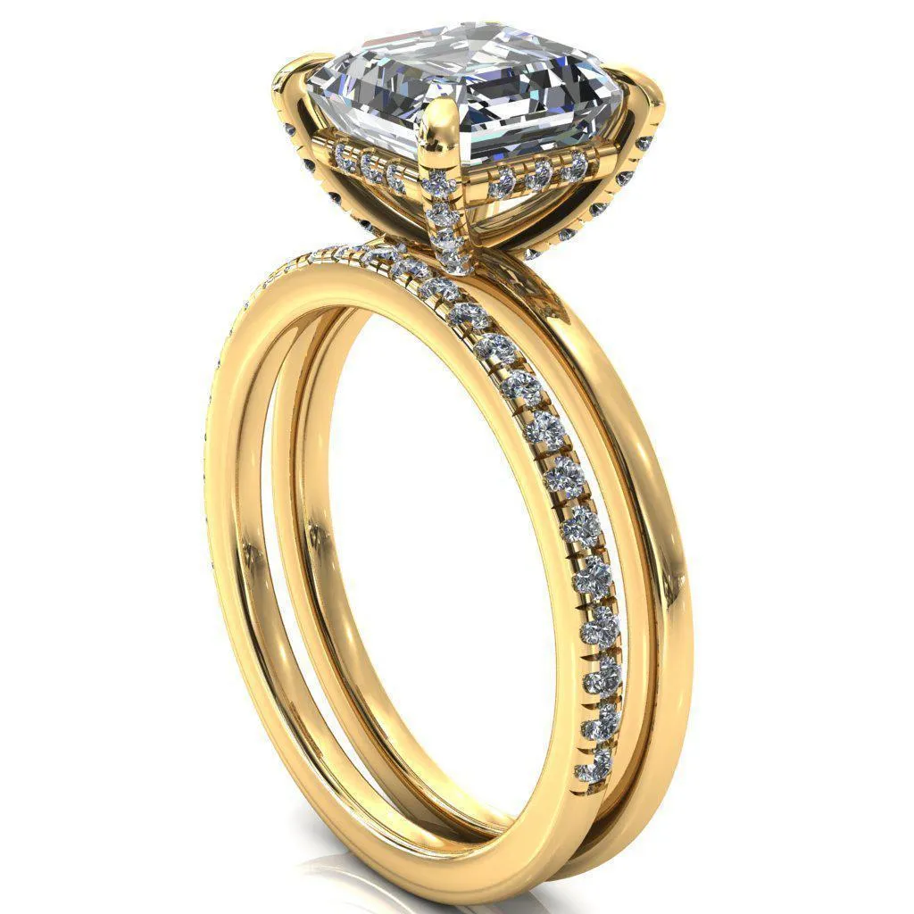 Rosy Asscher Moissanite 4 Claw Prong Single Rail Micropave Engagement Ring