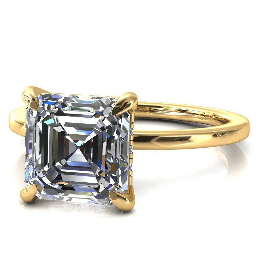 Rosy Asscher Moissanite 4 Claw Prong Single Rail Micropave Engagement Ring