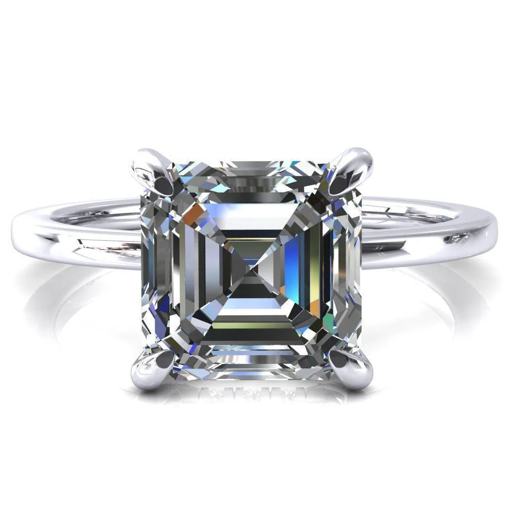 Rosy Asscher Moissanite 4 Claw Prong Single Rail Micropave Engagement Ring