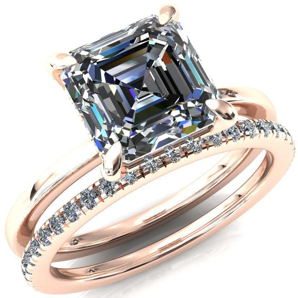 Rosy Asscher Moissanite 4 Claw Prong Single Rail Micropave Engagement Ring