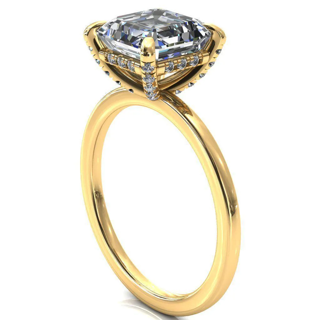 Rosy Asscher Moissanite 4 Claw Prong Single Rail Micropave Engagement Ring