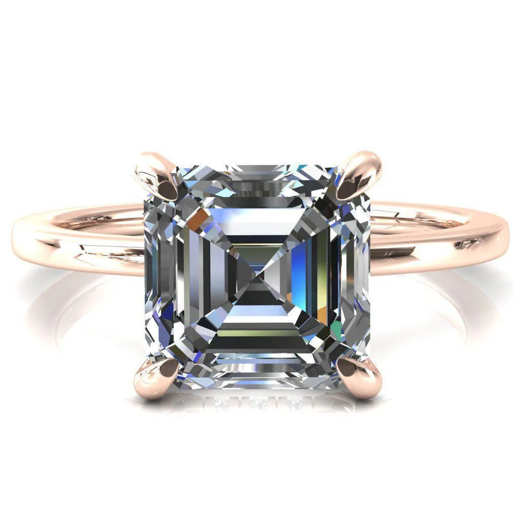 Rosy Asscher Moissanite 4 Claw Prong Single Rail Micropave Engagement Ring