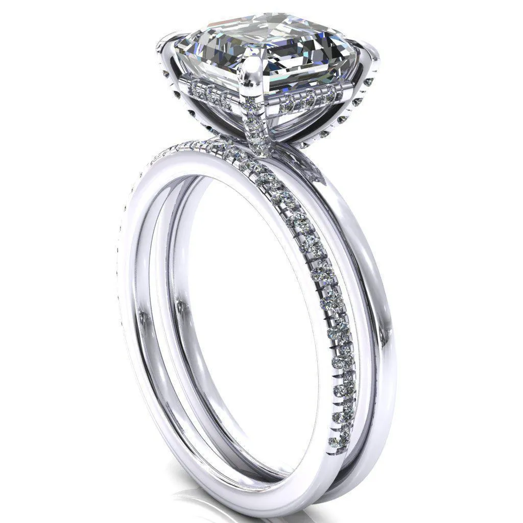 Rosy Asscher Moissanite 4 Claw Prong Single Rail Micropave Engagement Ring