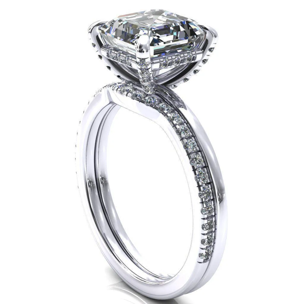 Rosy Asscher Moissanite 4 Claw Prong Single Rail Micropave Engagement Ring