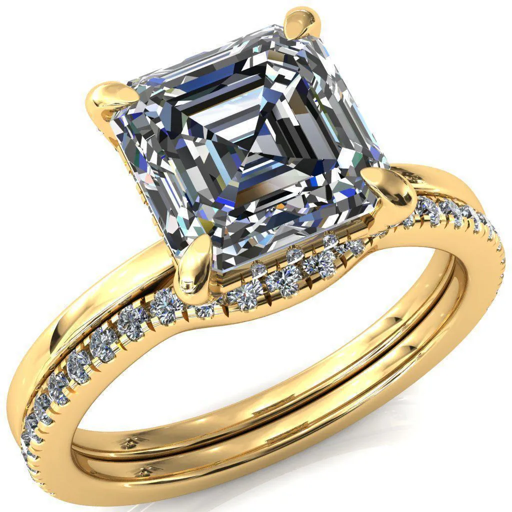 Rosy Asscher Moissanite 4 Claw Prong Single Rail Micropave Engagement Ring