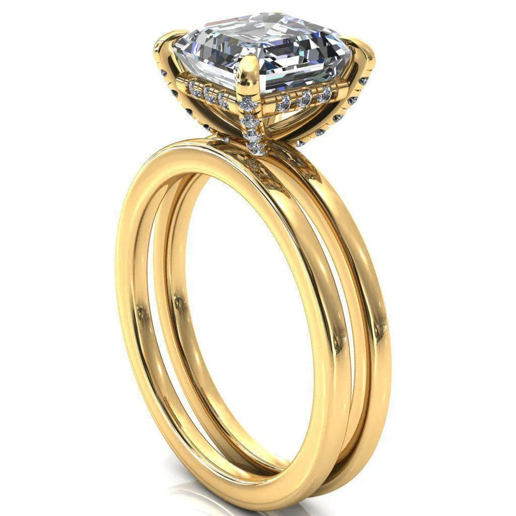 Rosy Asscher Moissanite 4 Claw Prong Single Rail Micropave Engagement Ring