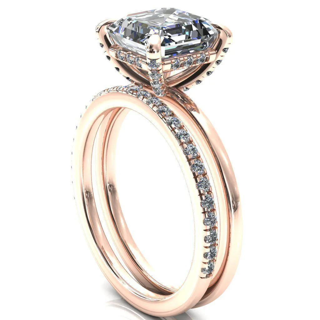 Rosy Asscher Moissanite 4 Claw Prong Single Rail Micropave Engagement Ring