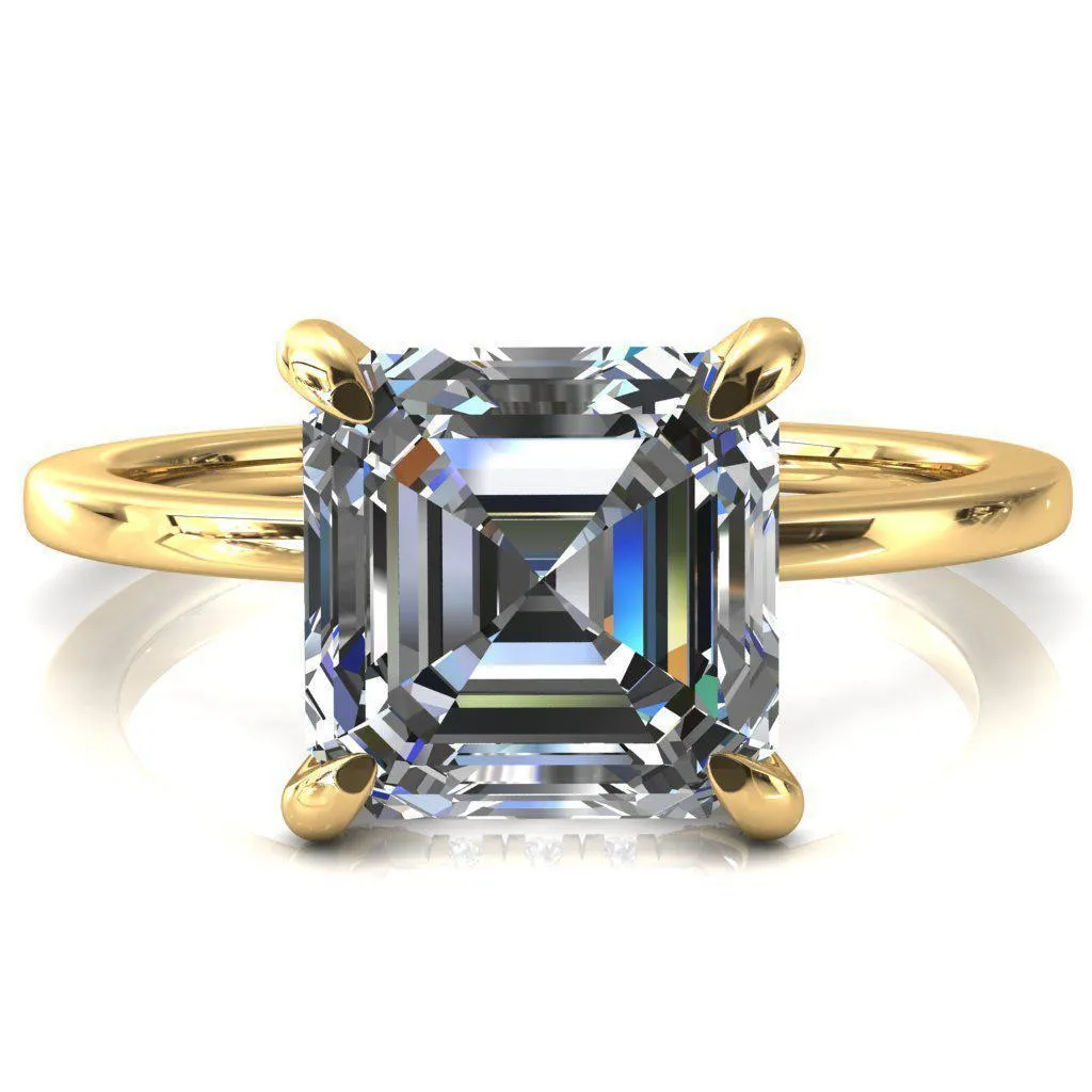 Rosy Asscher Moissanite 4 Claw Prong Single Rail Micropave Engagement Ring