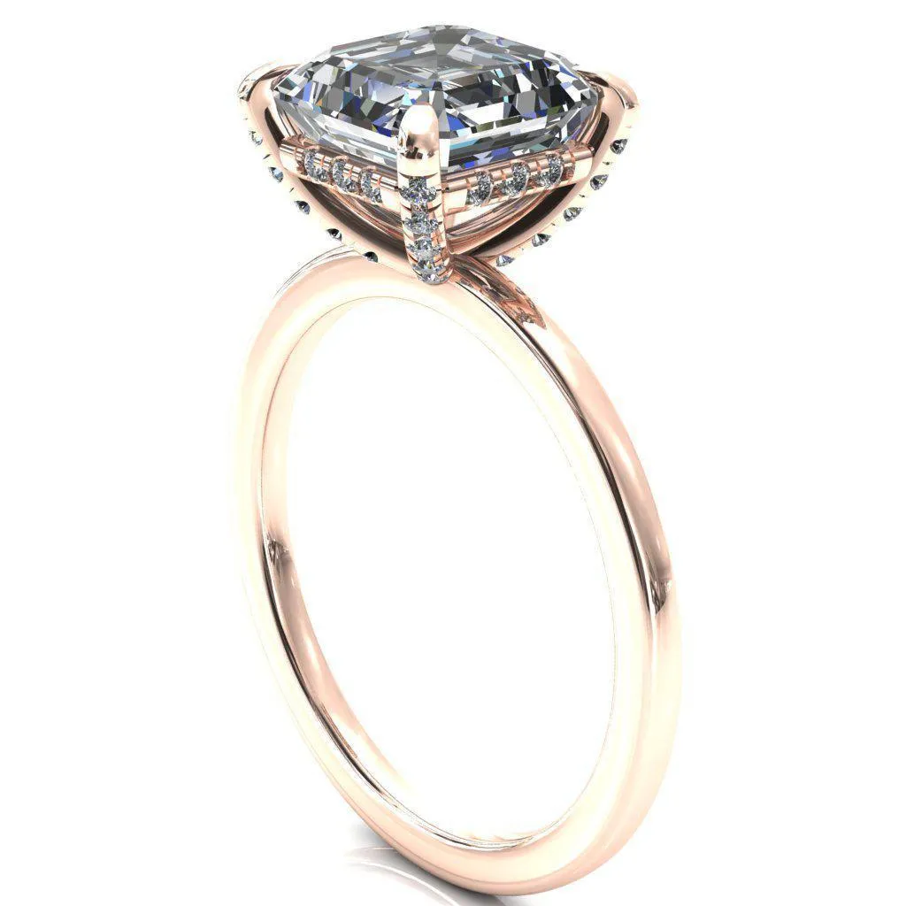 Rosy Asscher Moissanite 4 Claw Prong Single Rail Micropave Engagement Ring