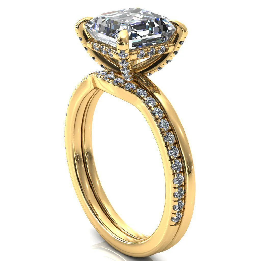Rosy Asscher Moissanite 4 Claw Prong Single Rail Micropave Engagement Ring