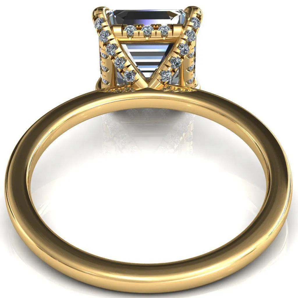 Rosy Asscher Moissanite 4 Claw Prong Single Rail Micropave Engagement Ring