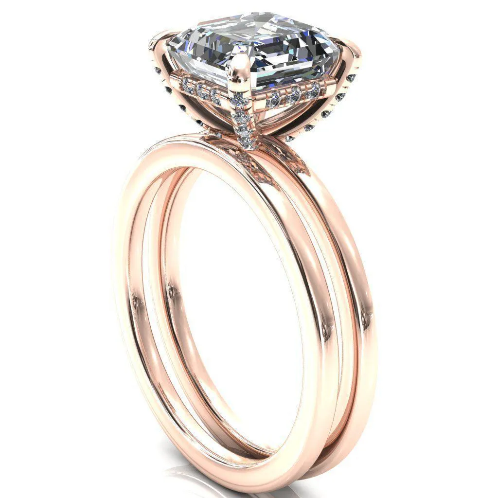 Rosy Asscher Moissanite 4 Claw Prong Single Rail Micropave Engagement Ring
