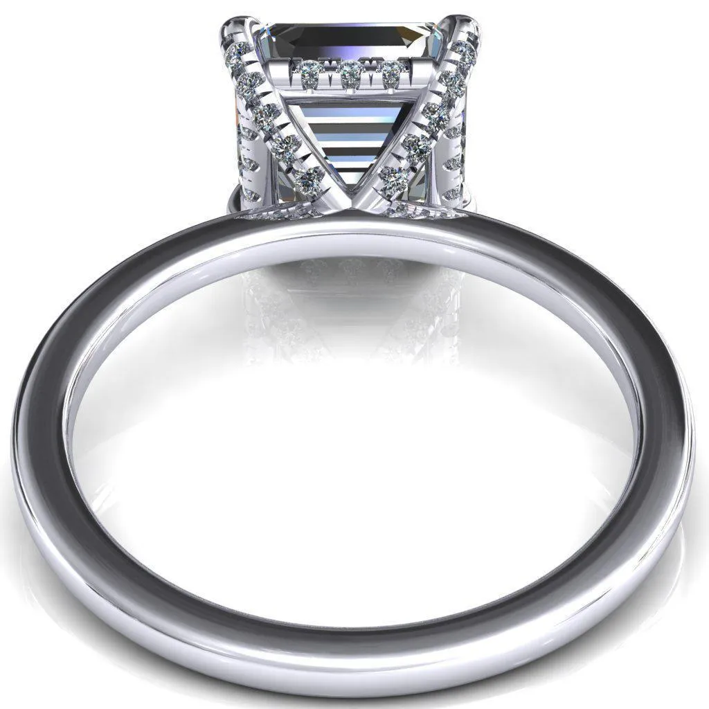 Rosy Asscher Moissanite 4 Claw Prong Single Rail Micropave Engagement Ring