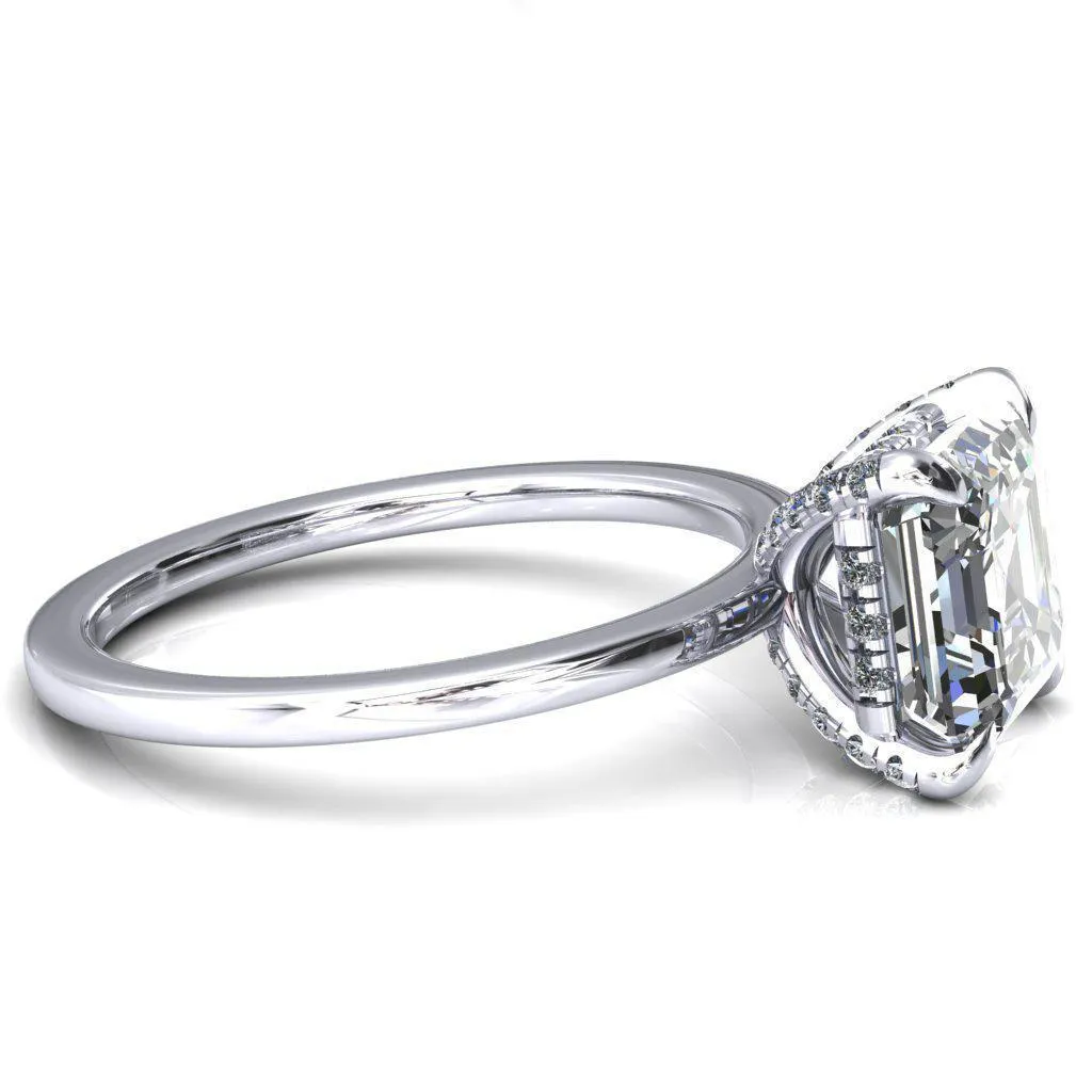 Rosy Asscher Moissanite 4 Claw Prong Single Rail Micropave Engagement Ring