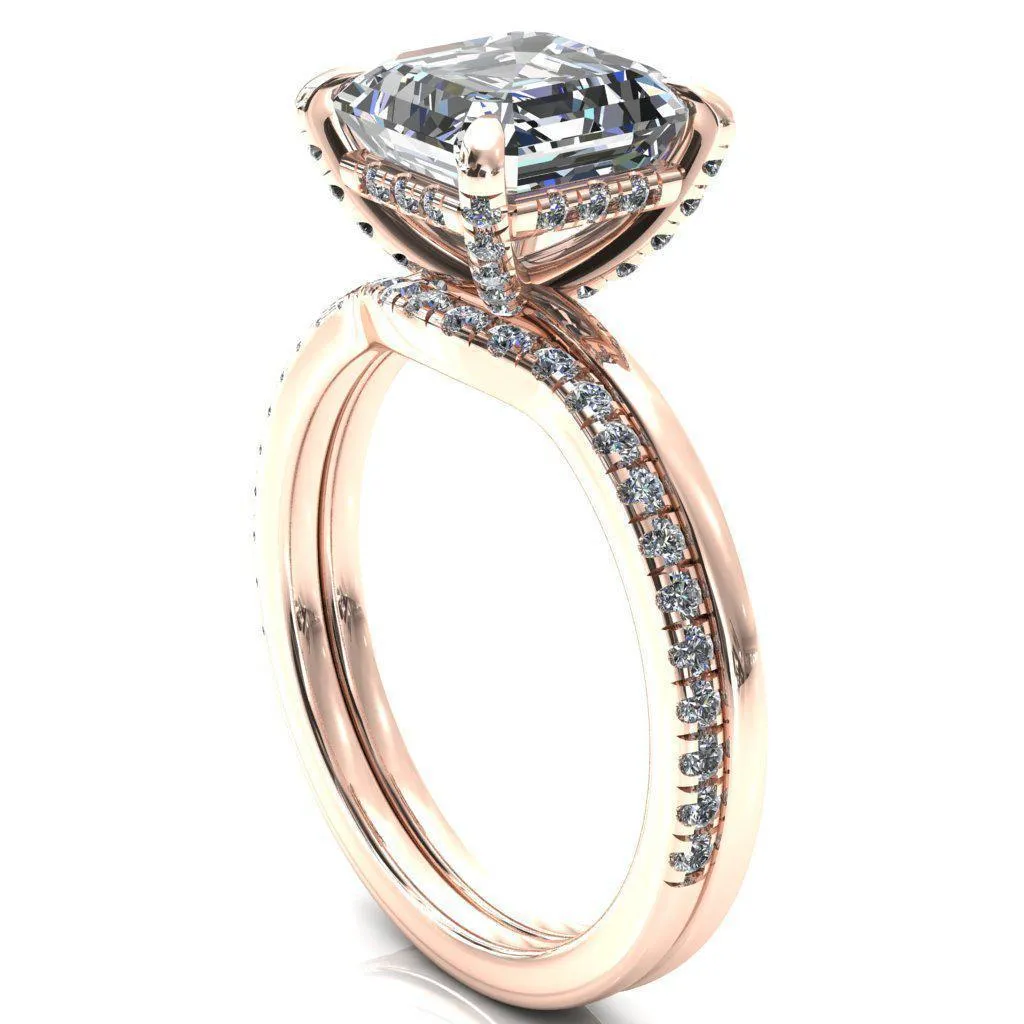 Rosy Asscher Moissanite 4 Claw Prong Single Rail Micropave Engagement Ring