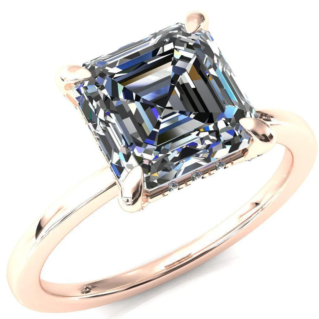 Rosy Asscher Moissanite 4 Claw Prong Single Rail Micropave Engagement Ring
