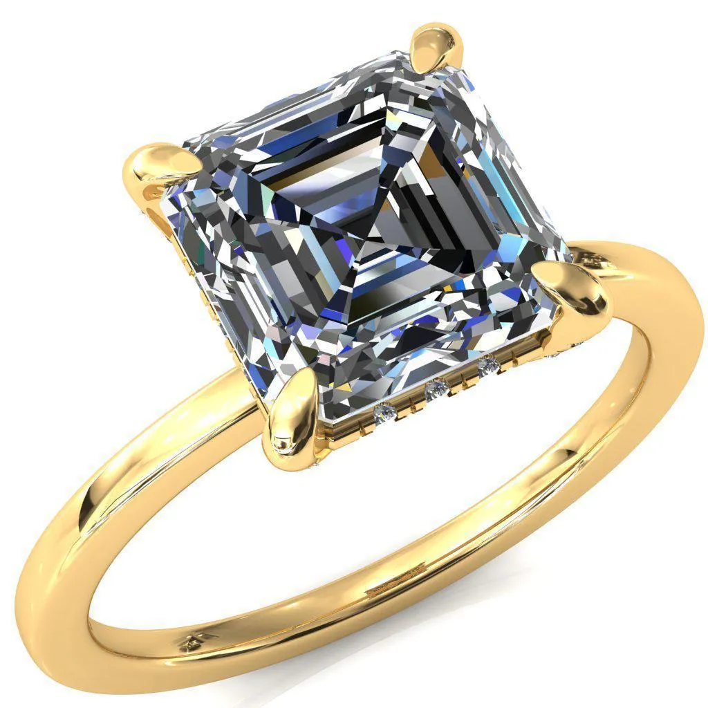 Rosy Asscher Moissanite 4 Claw Prong Single Rail Micropave Engagement Ring