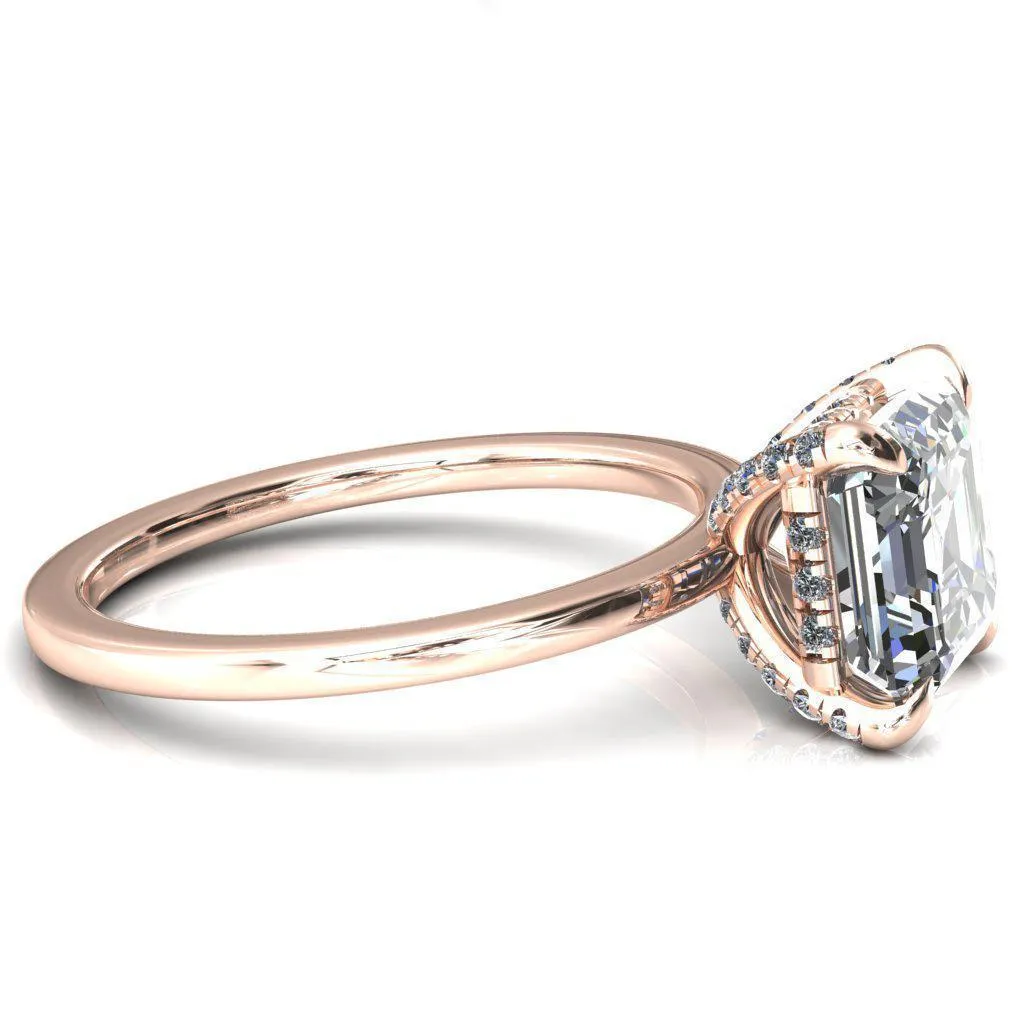 Rosy Asscher Moissanite 4 Claw Prong Single Rail Micropave Engagement Ring