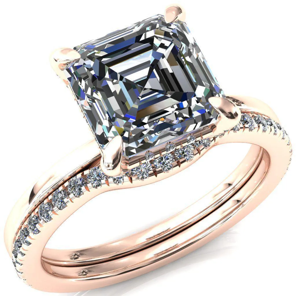 Rosy Asscher Moissanite 4 Claw Prong Single Rail Micropave Engagement Ring