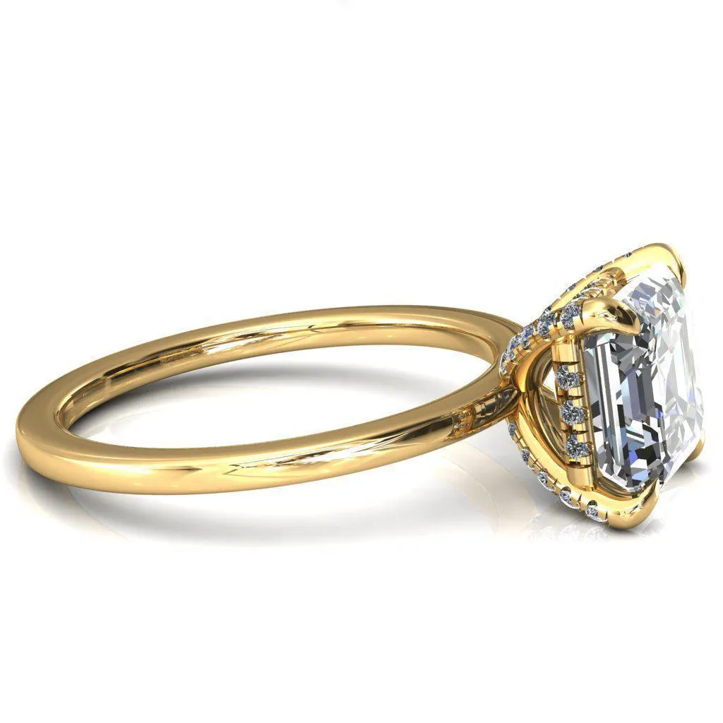 Rosy Asscher Moissanite 4 Claw Prong Single Rail Micropave Engagement Ring