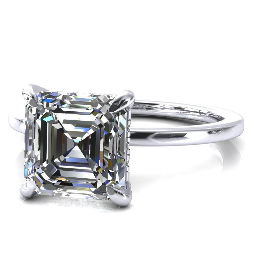Rosy Asscher Moissanite 4 Claw Prong Single Rail Micropave Engagement Ring