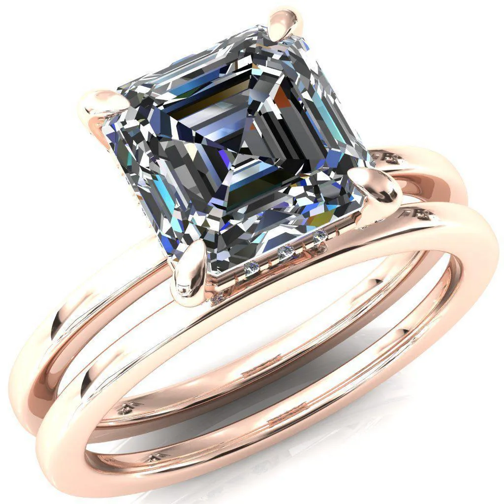 Rosy Asscher Moissanite 4 Claw Prong Single Rail Micropave Engagement Ring