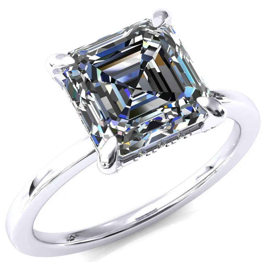 Rosy Asscher Moissanite 4 Claw Prong Single Rail Micropave Engagement Ring
