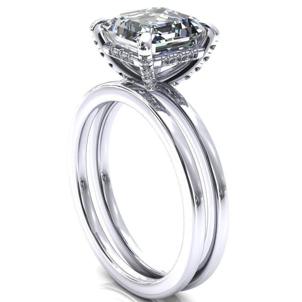 Rosy Asscher Moissanite 4 Claw Prong Single Rail Micropave Engagement Ring