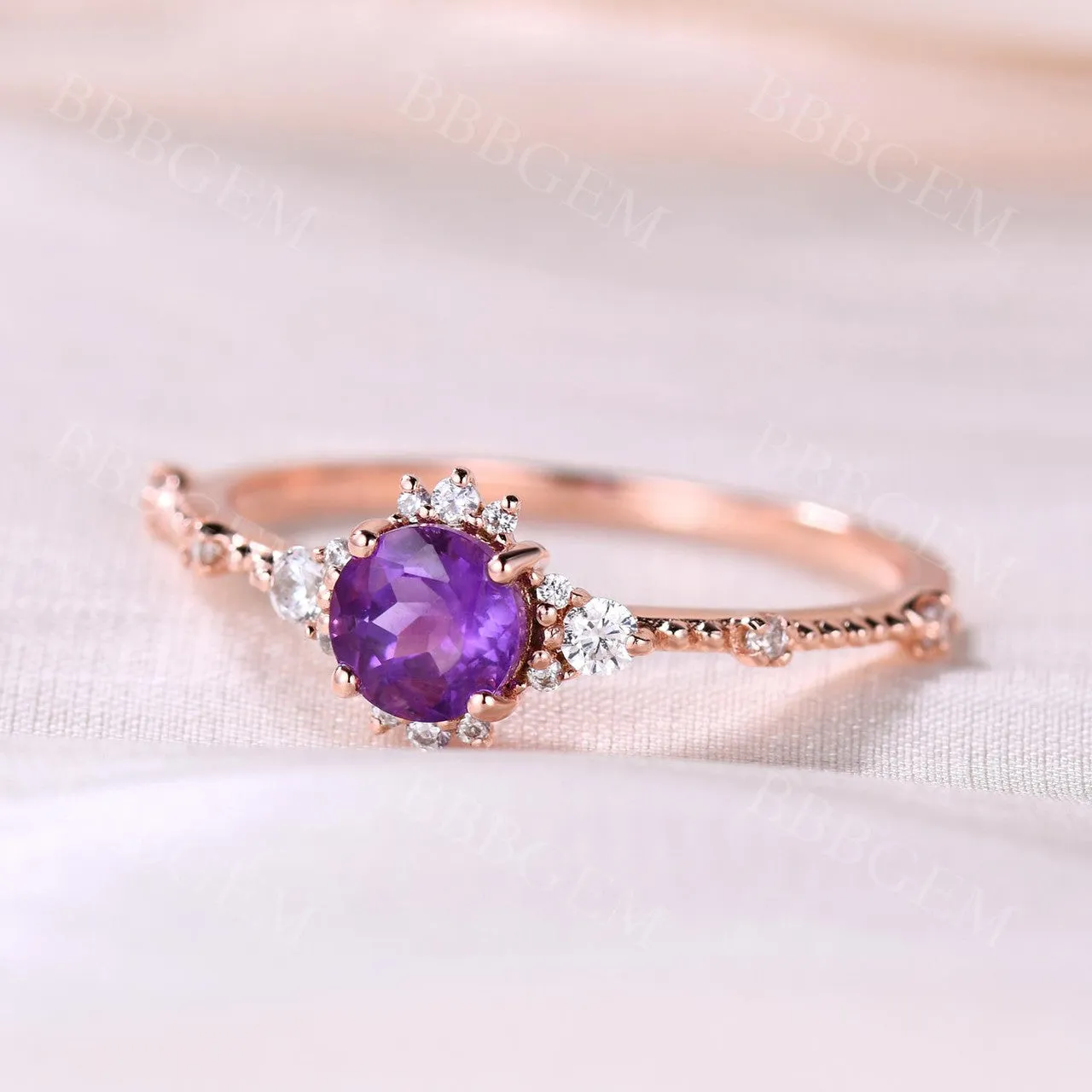 Round Cut 5mm Amethyst Engagement Ring Dainty Amethyst Diamond Ring