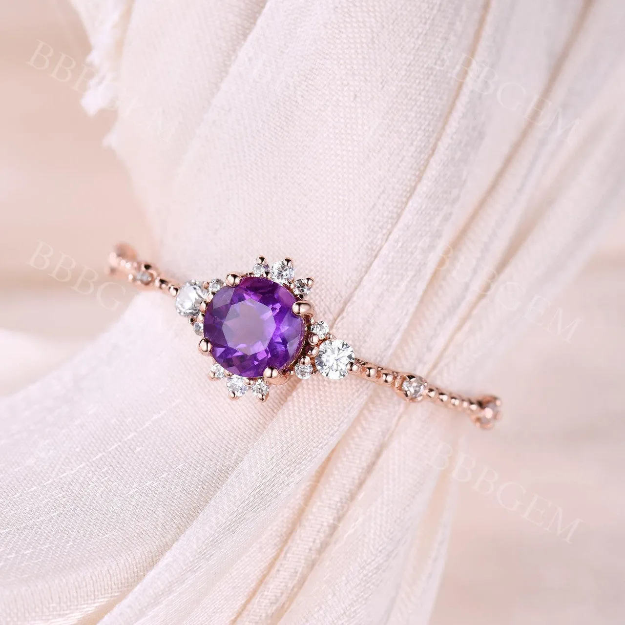 Round Cut 5mm Amethyst Engagement Ring Dainty Amethyst Diamond Ring
