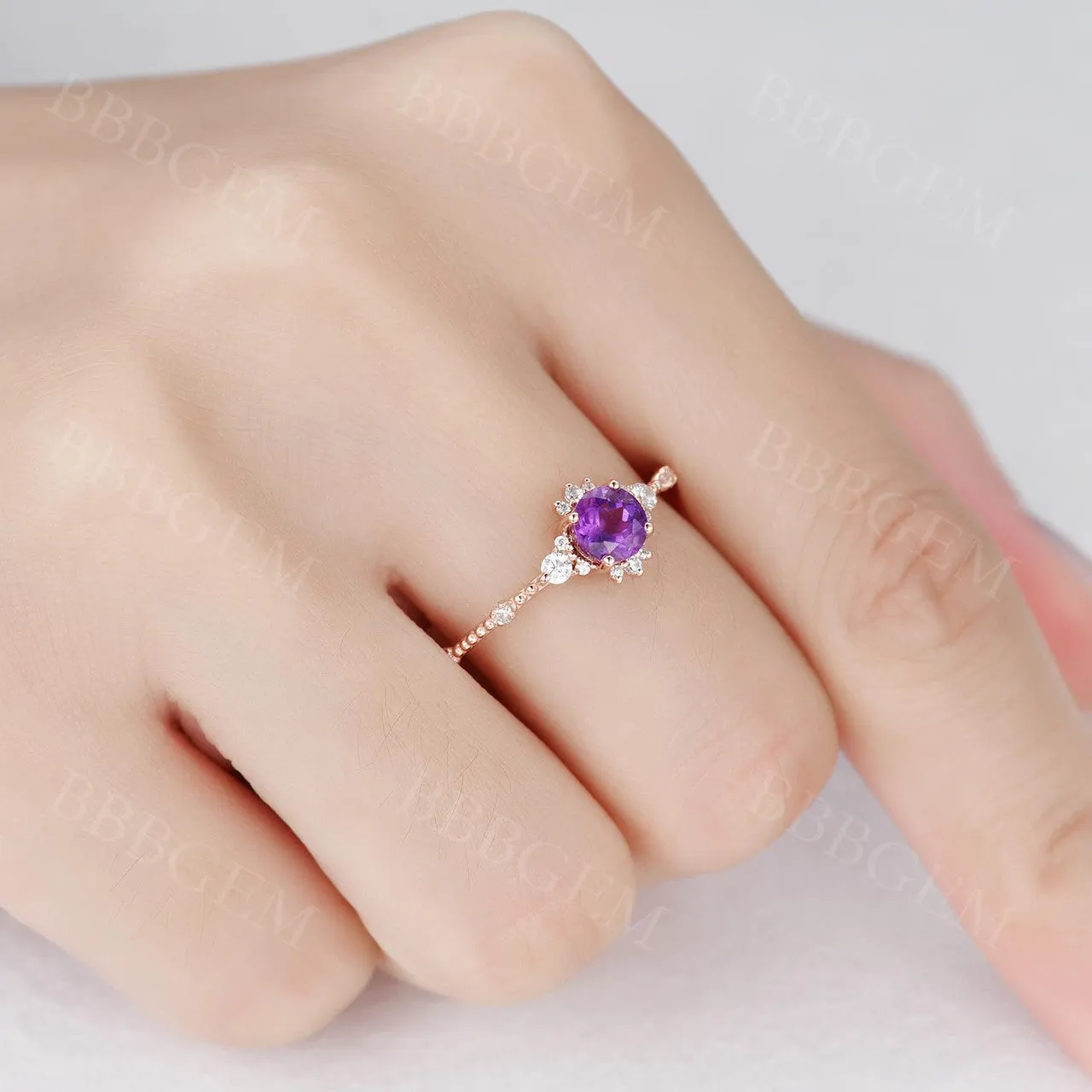 Round Cut 5mm Amethyst Engagement Ring Dainty Amethyst Diamond Ring