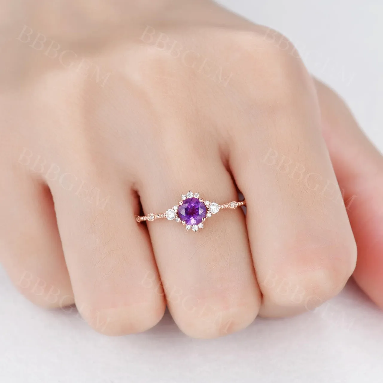 Round Cut 5mm Amethyst Engagement Ring Dainty Amethyst Diamond Ring