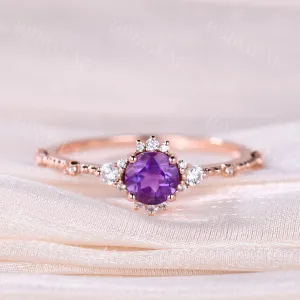 Round Cut 5mm Amethyst Engagement Ring Dainty Amethyst Diamond Ring