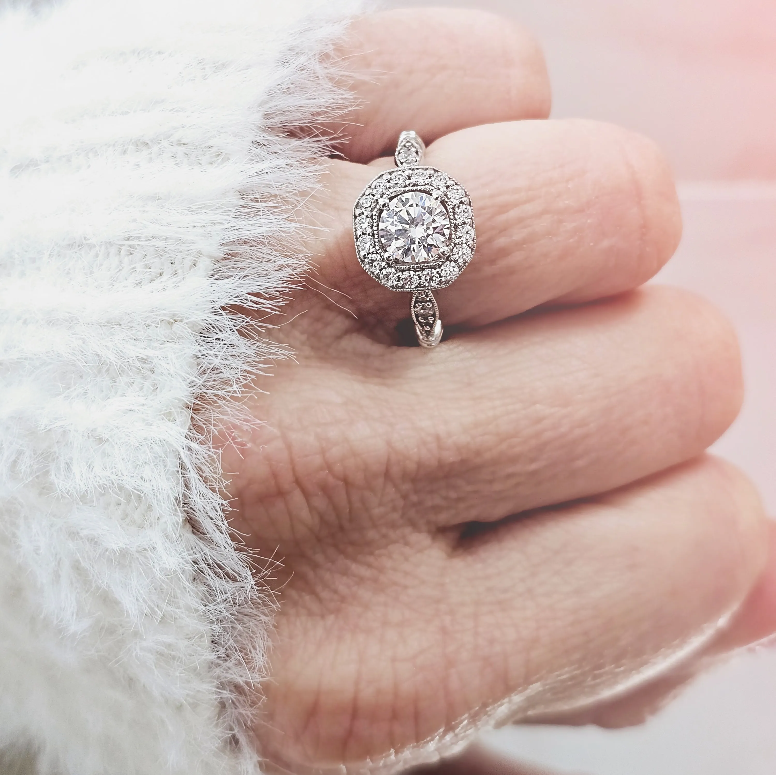 Round Diamond Squared Halo Vintage Inspired Engagement Ring Setting