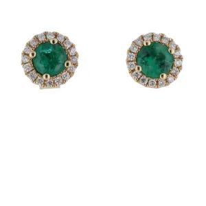 Round Natural Emerald Halo Stud Earrings In 14Kt Yellow Gold