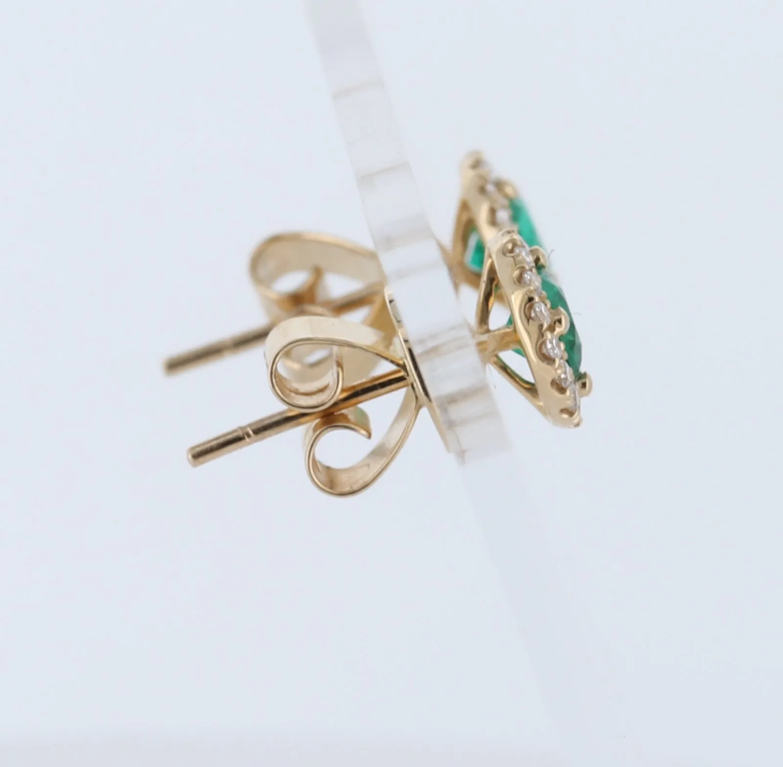 Round Natural Emerald Halo Stud Earrings In 14Kt Yellow Gold