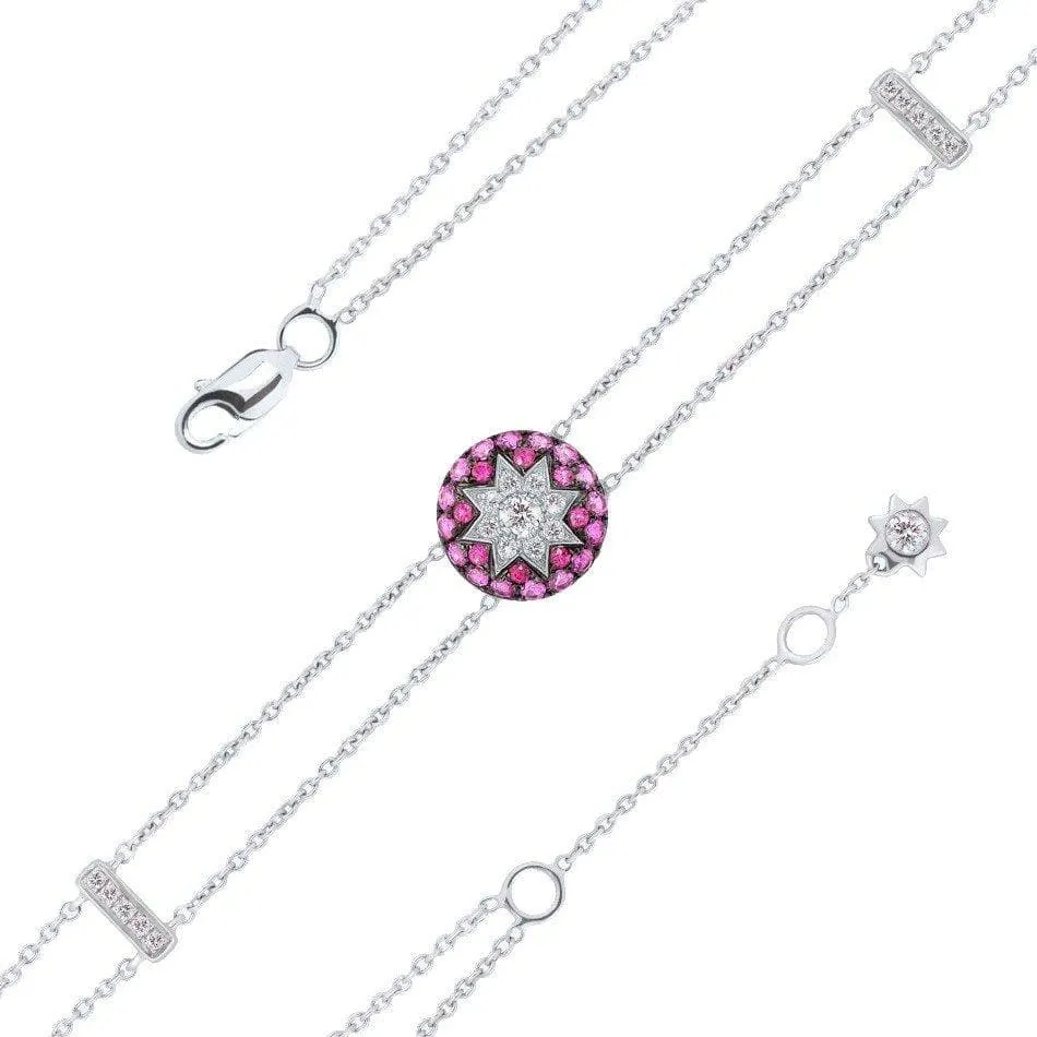 Round Star Ruby White Diamond Bracelet in White Gold