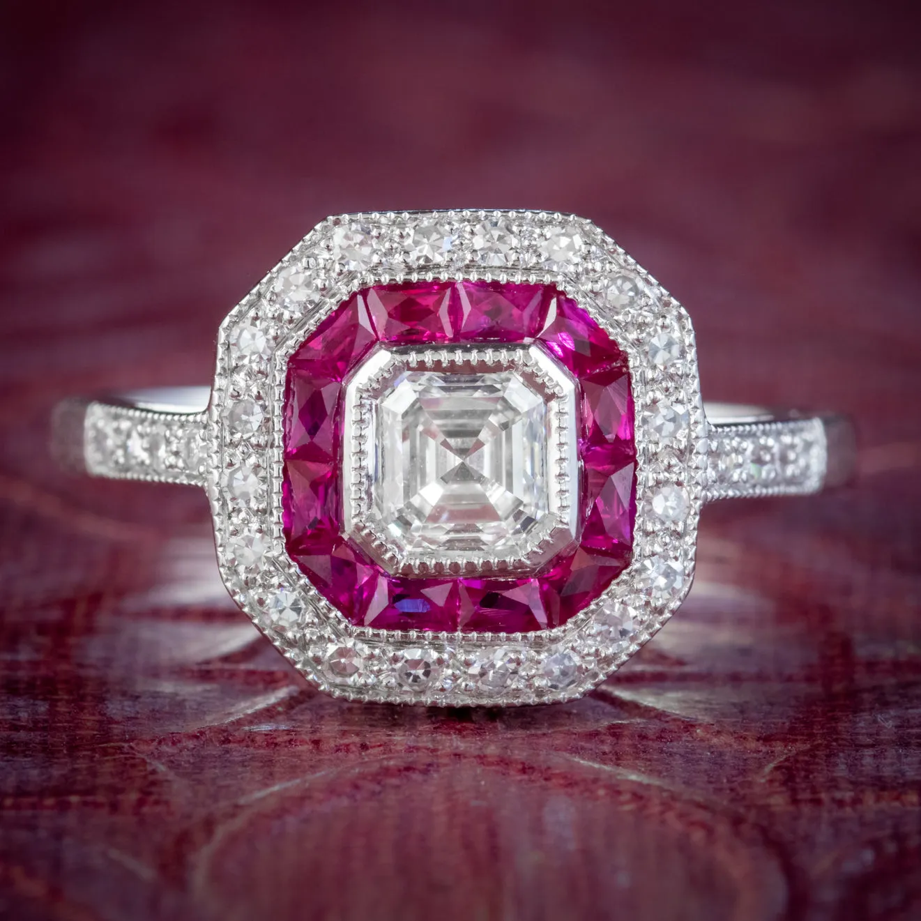 Ruby Diamond Cluster Ring 18ct White Gold 1.35ct Asscher Cut Diamond