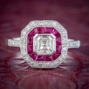 Ruby Diamond Cluster Ring 18ct White Gold 1.35ct Asscher Cut Diamond