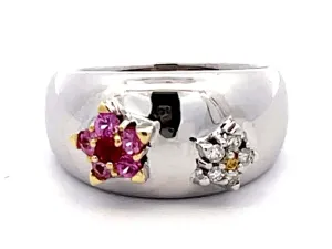 Ruby, Pink Sapphire, White and Yellow Diamond Flower Dome Ring 18k White Gold
