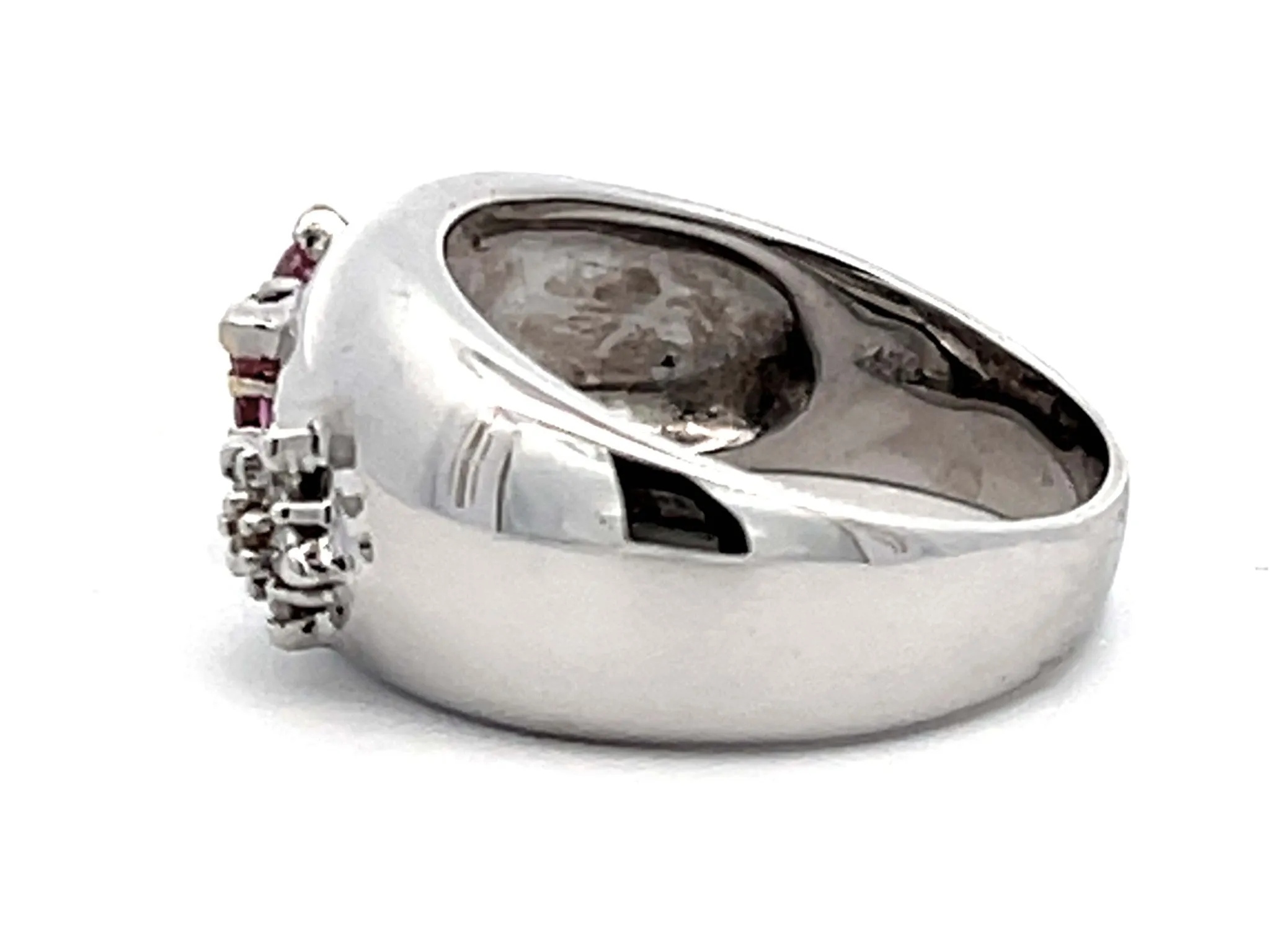 Ruby, Pink Sapphire, White and Yellow Diamond Flower Dome Ring 18k White Gold