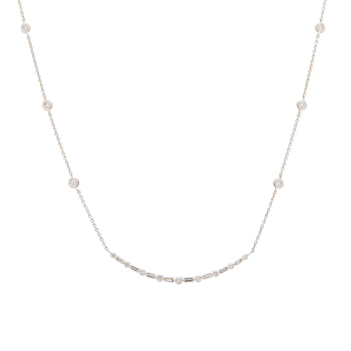 Sabel Collection 14K White Gold Six Bezel Set Diamond Stations with Curved Diamond Bar Necklace