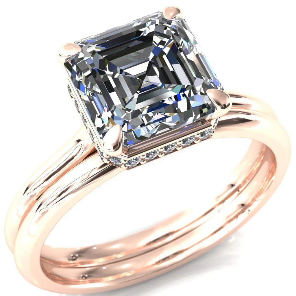 Secret Asscher Moissanite 4 Prong Floating Halo Engagement Ring