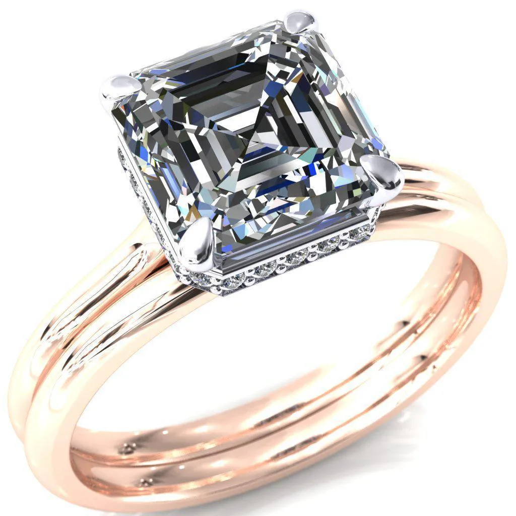 Secret Asscher Moissanite 4 Prong Floating Halo Engagement Ring
