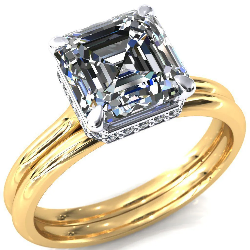 Secret Asscher Moissanite 4 Prong Floating Halo Engagement Ring