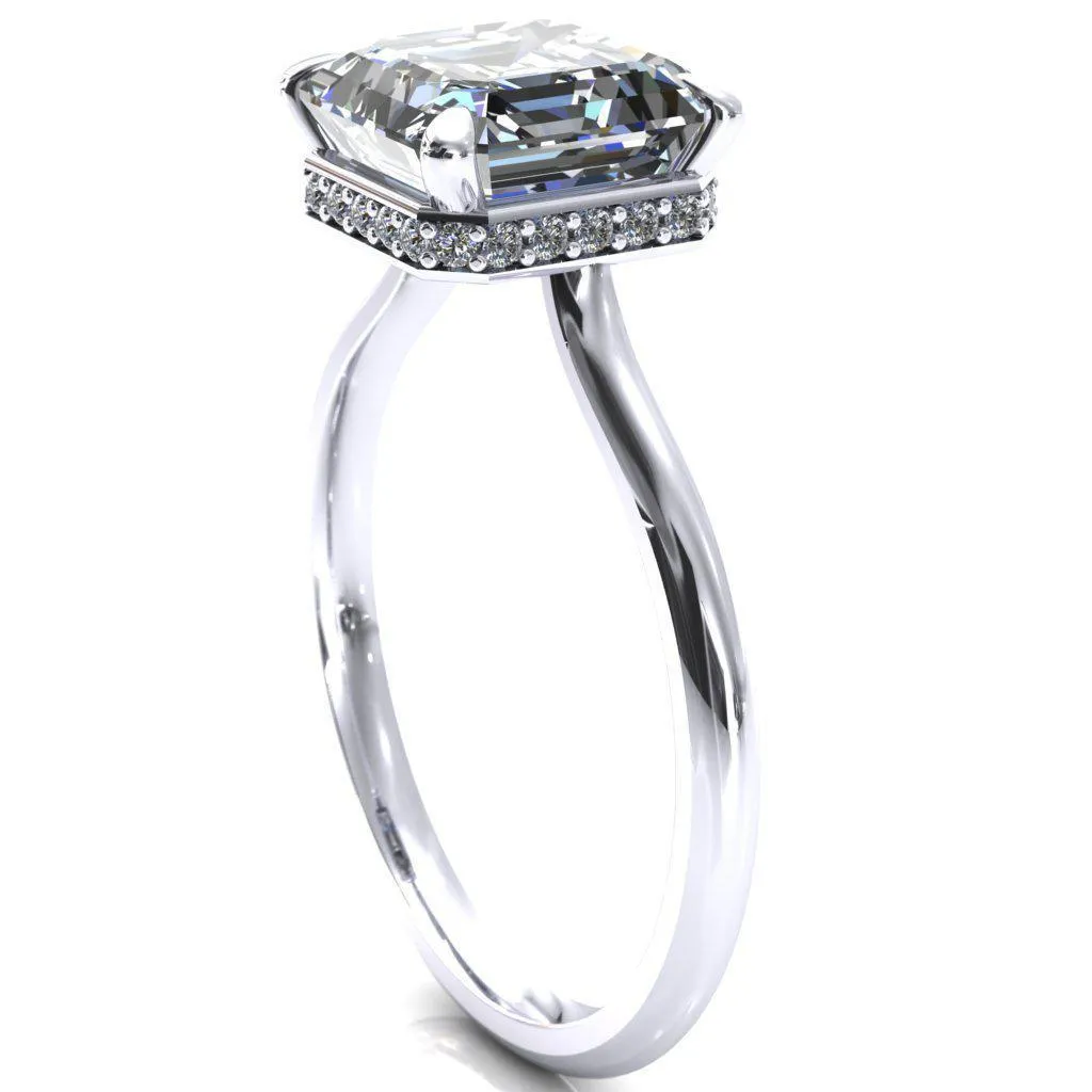 Secret Asscher Moissanite 4 Prong Floating Halo Engagement Ring
