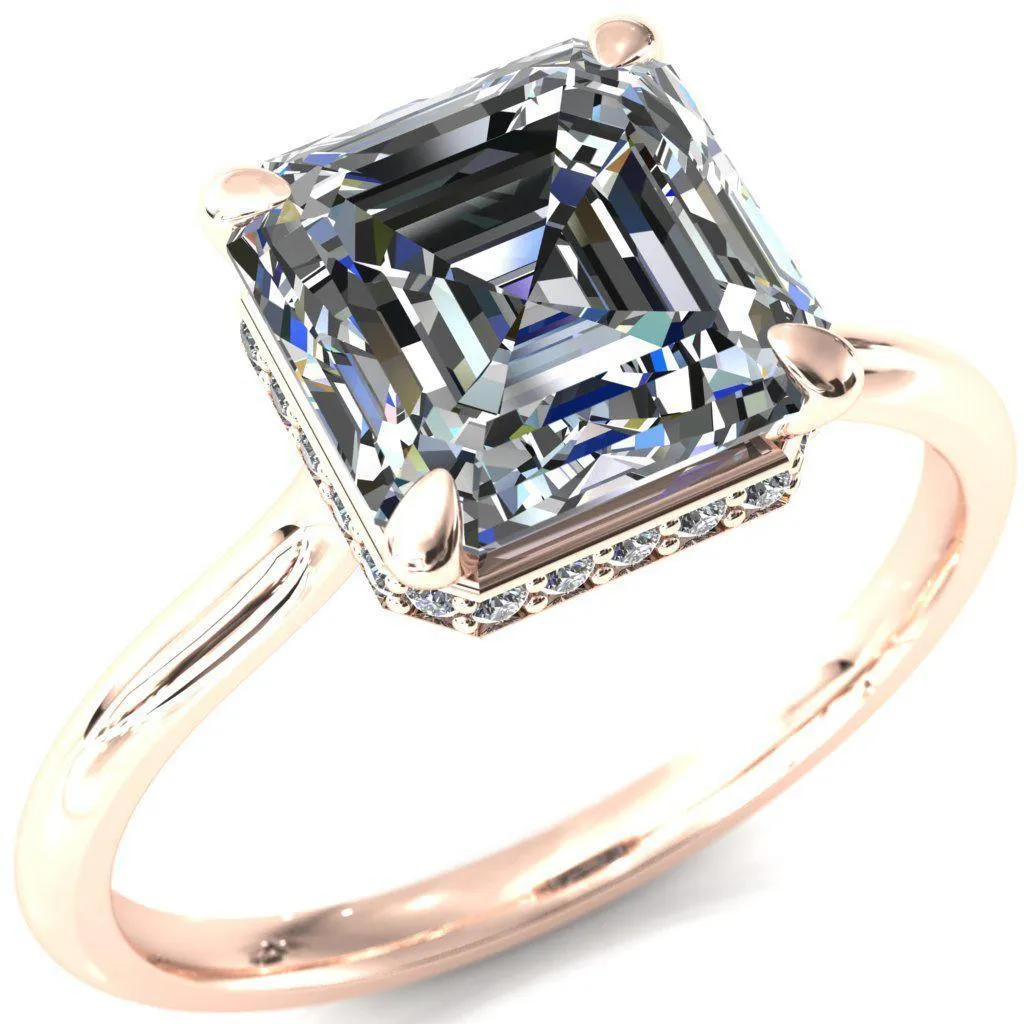 Secret Asscher Moissanite 4 Prong Floating Halo Engagement Ring