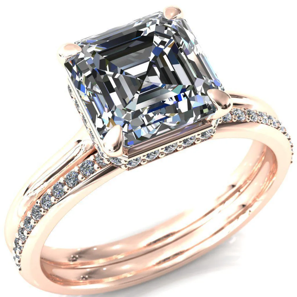 Secret Asscher Moissanite 4 Prong Floating Halo Engagement Ring